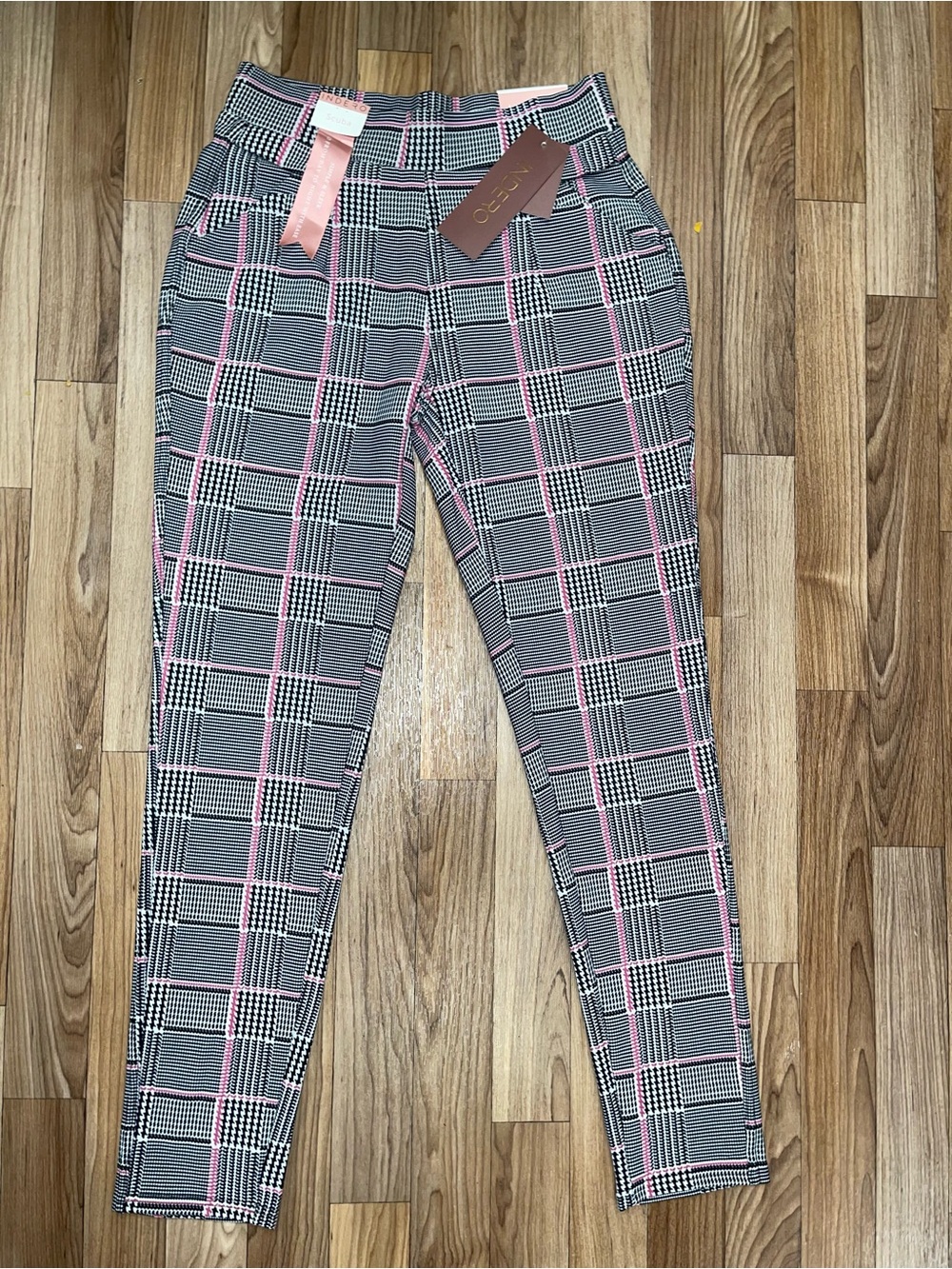 Plaid Stretch Jeggings with Pink Windowpane Detail